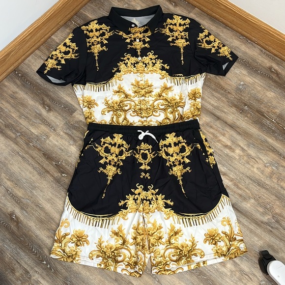 Shein Manfinity Baroque Gold Print Men’s XXL Shirt & Short Set Luxury Statement - Picture 15 of 16